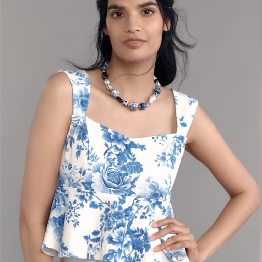 NWT Anthropologie Maeve Square-Neck Peplum Tank Top – Blue Floral – Size XL